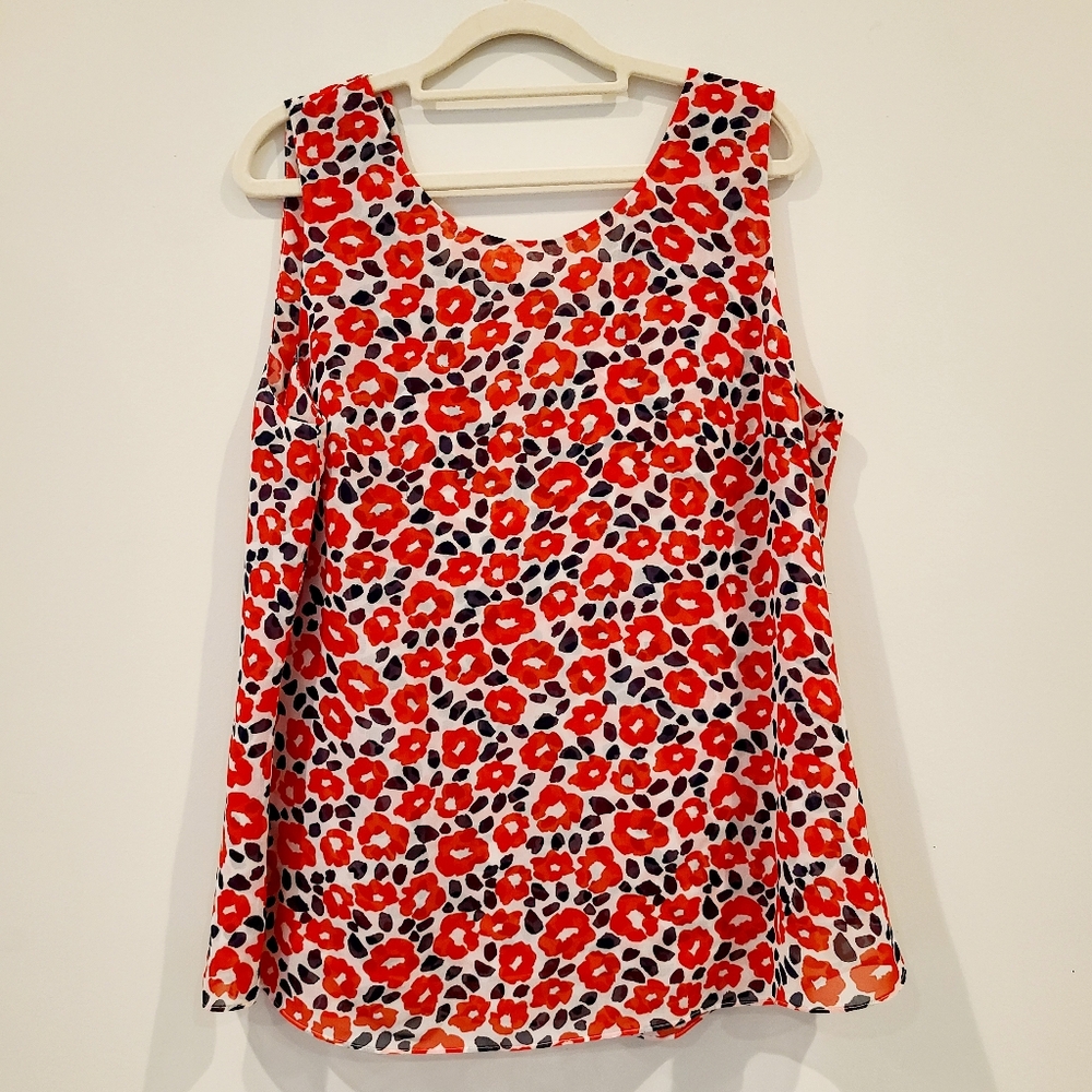 CAbi Red Floral V Ruffle Back Shell Tank Top